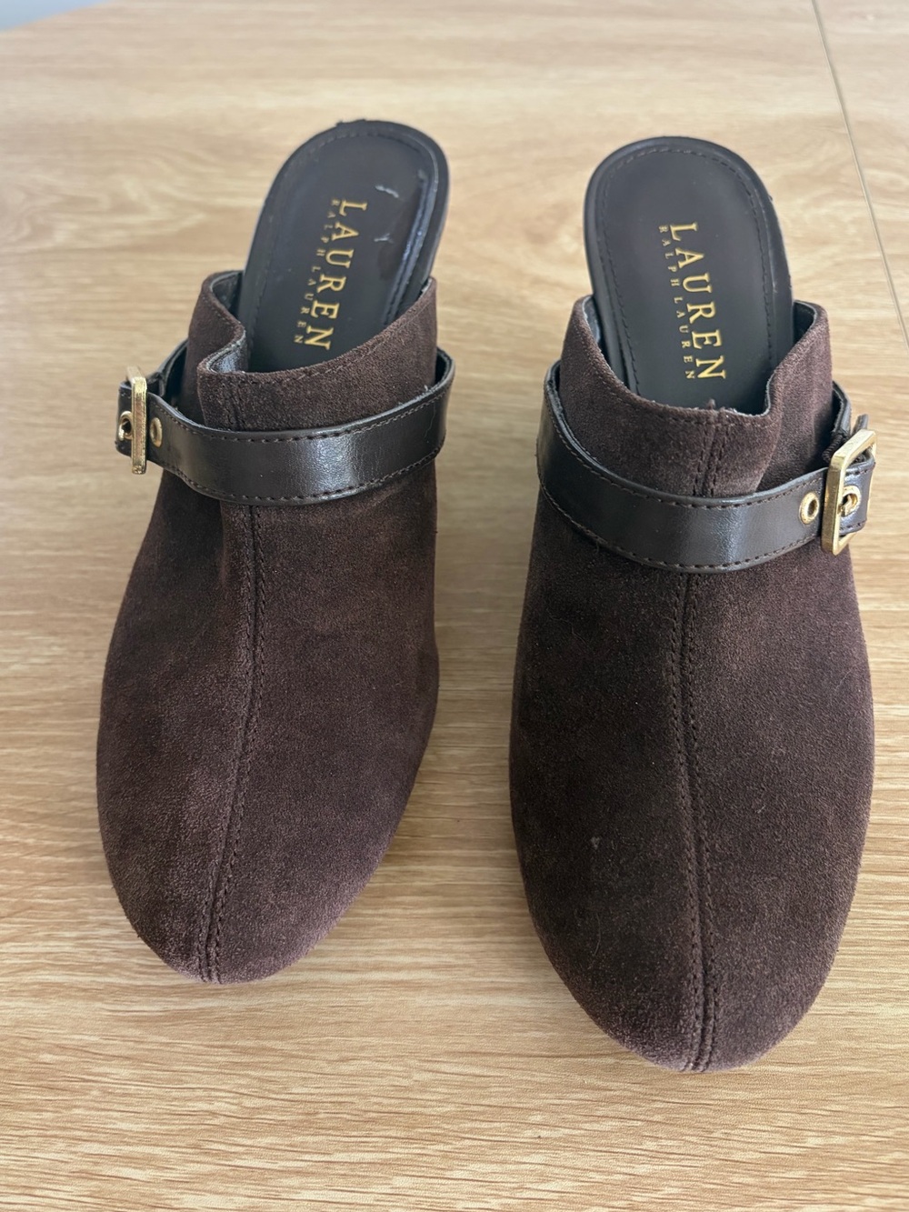 Lauren Ralph Lauren Dark Brown Suede Buckle Mules